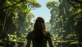 Jeune femmes profiter le beauté de la nature dans une tranquille forêt généré par ai photo