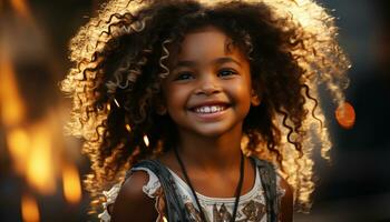 souriant frisé aux cheveux fille, bonheur dans de bonne humeur portrait, profiter insouciant enfance généré par ai photo