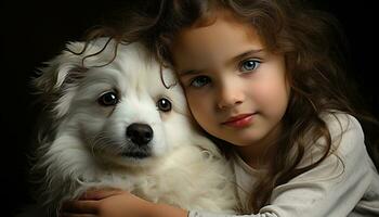 mignonne chien et enfant, souriant, embrasser, de race chiot, relation amicale généré par ai photo