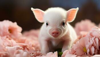 mignonne rose porcelet à la recherche à fleur, innocence dans la nature généré par ai photo