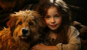 souriant enfant embrasse mignonne chiot, pur joie et l'amour généré par ai photo