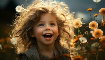 mignonne fille en jouant dans prairie, profiter la nature de bonne humeur beauté généré par ai photo