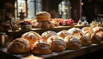 fraîchement cuit fait maison pain sur rustique en bois tableau, une sucré indulgence généré par ai photo