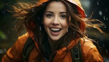 Jeune femme souriant dans le pluie, profiter le l'automne en plein air généré par ai photo