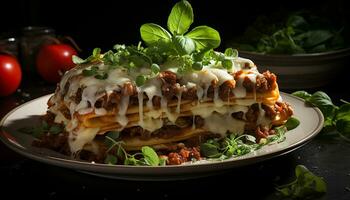 fraîcheur et en bonne santé en mangeant sur une assiette de fait maison lasagne généré par ai photo