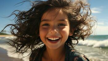 souriant femme jouit été, insouciant et content dans la nature généré par ai photo