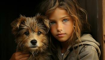 mignonne chien, petit enfant, souriant fille, en plein air, relation amicale généré par ai photo