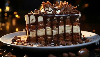 une décadent Chocolat gâteau, une tranche de indulgence généré par ai photo