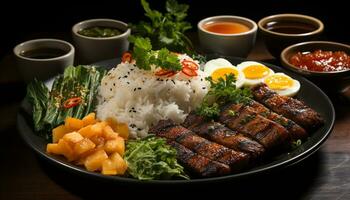 grillé Viande, Frais légumes, sarriette sauce sur en bois assiette généré par ai photo