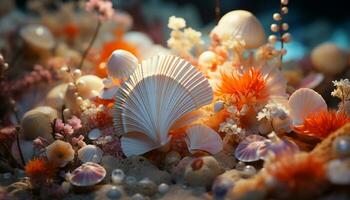 sous-marin beauté poisson, corail, et étoile de mer dans tropical récif généré par ai photo