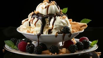 une gourmet dessert Frais framboise la glace crème avec Chocolat généré par ai photo