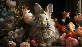 duveteux bébé lapin séance dans herbe, entouré par fleurs généré par ai photo