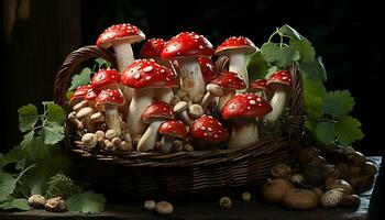 fraîcheur de l'automne forêt comestible champignons dans osier panier généré par ai photo