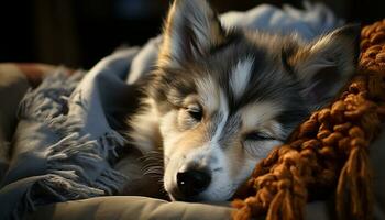 mignonne chiot, de race chien, mensonge bas, en train de dormir confortablement généré par ai photo
