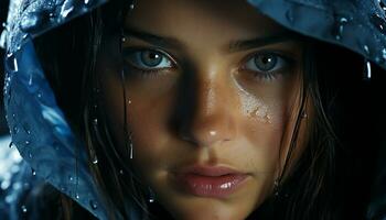 un Jeune femme souriant, à la recherche à caméra dans le pluie généré par ai photo