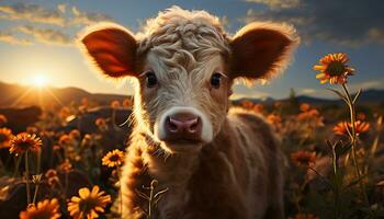 mignonne vache pâturage dans prairie, profiter la nature beauté généré par ai photo