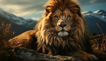 majestueux lion, Roi de le savane, repos dans herbe généré par ai photo