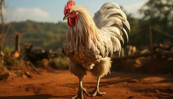 une majestueux coq des stands dans le prairie, gratuit et fier généré par ai photo