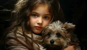 une mignonne petit chien apporte joie à une souriant enfant généré par ai photo