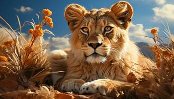 majestueux lionne cache dans herbe, à la recherche à caméra, serein le coucher du soleil généré par ai photo