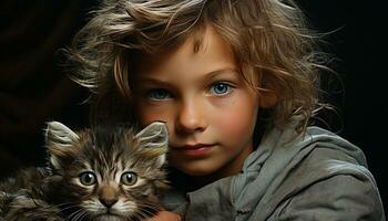 mignonne enfant embrasse petit chaton, souriant avec innocence et l'amour généré par ai photo