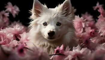 mignonne chiot séance en plein air, à la recherche à caméra, entouré par fleurs généré par ai photo