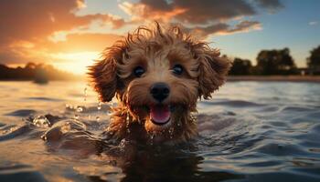 mignonne chiot en jouant dans eau, profiter été en plein air généré par ai photo