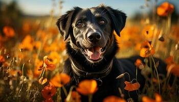 mignonne chiot séance en plein air, souriant dans l'automne Prairie généré par ai photo