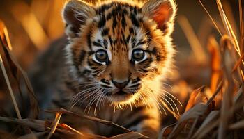 une mignonne Jeune Bengale tigre regarder à le le coucher du soleil généré par ai photo