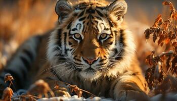 majestueux Bengale tigre cache dans le sauvage, regarder violemment généré par ai photo