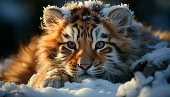 mignonne tigre en regardant, hiver beauté dans nature, tranquille forêt généré par ai photo