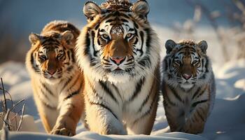 Bengale tigre marche, en regardant, majestueux dans neige couvert forêt généré par ai photo