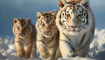 majestueux tigre en marchant dans neige, regarder à caméra, magnifique généré par ai photo