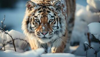 majestueux tigre en marchant dans neige, une magnifique hiver vue généré par ai photo