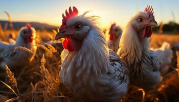 poulets errer librement, se prélasser dans lumière du soleil sur le ferme généré par ai photo