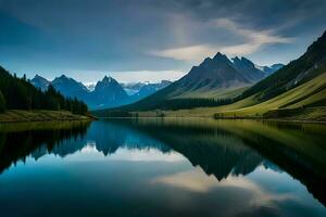 une calme Lac reflétant le brillant Montagne pics cette ciment il. ai généré photo