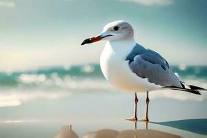 une délicat mouette délimité dans merveilleux paysages de plage. Créatif Ressource, ai généré photo