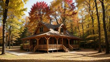 commun cabine installé intérieurs le centre de grand des arbres et inclus par une tapis de collecte temps prend désactivé. ai généré photo