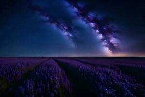 une grand herbeux plaine en dessous de une ciel plein de étoiles, montrant le magnifique couleurs de foncé blues et violets.. Créatif Ressource, ai généré photo