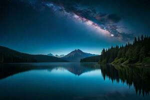 une fascinant nuit ciel plus de une calme lac, reflétant le étoiles et le lisse façon. ai généré photo