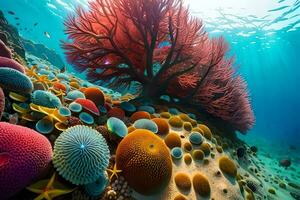 une fermer photographier de une coloré corail récif avec une diversité de Marin monnaie nager autour. Créatif Ressource, ai généré photo