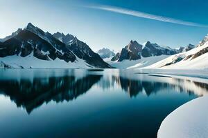 une idéaliser neige plafonné Lac installé vers l'intérieur les pièces le centre de imposant la glace feuilles et neige plafonné crêtes. ai généré photo