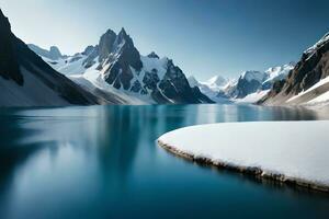 une idéaliser neige plafonné Lac installé interne les pièces le centre de imposant la glace feuilles et neige plafonné crêtes. ai généré photo