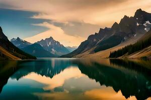 une paisible Lac reflétant le impressionnant Montagne crêtes cette intégrer il. ai généré photo