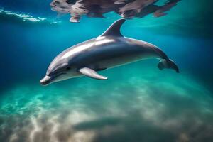 une animé dauphin capturé avec dynamique submergé teintes. Créatif Ressource, ai généré photo