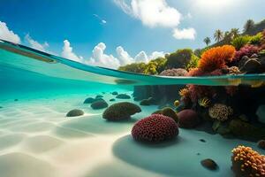 une fermer photographier de une coloré corail avecwatersrand avec une diversité de Marin néologisme nager autour. Créatif Ressource, ai généré photo