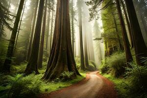 imposant vieux séquoia des arbres façonner une canopée dans une magnifique des bois paramètre. ai généré photo