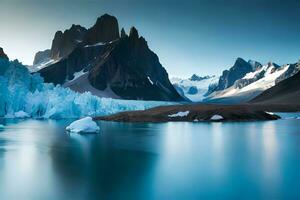 une idéaliser neige plafonné Lac installé interne les pièces le centre de imposant la glace feuilles et neige plafonné pics. ai généré photo