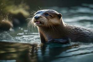 une énergique loutre présenté dans énergique paysages aquatiques. Créatif Ressource, ai généré photo