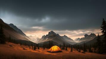 camping intérieurs le montagnes, tentes intérieurs le terre à bois. ai généré photo